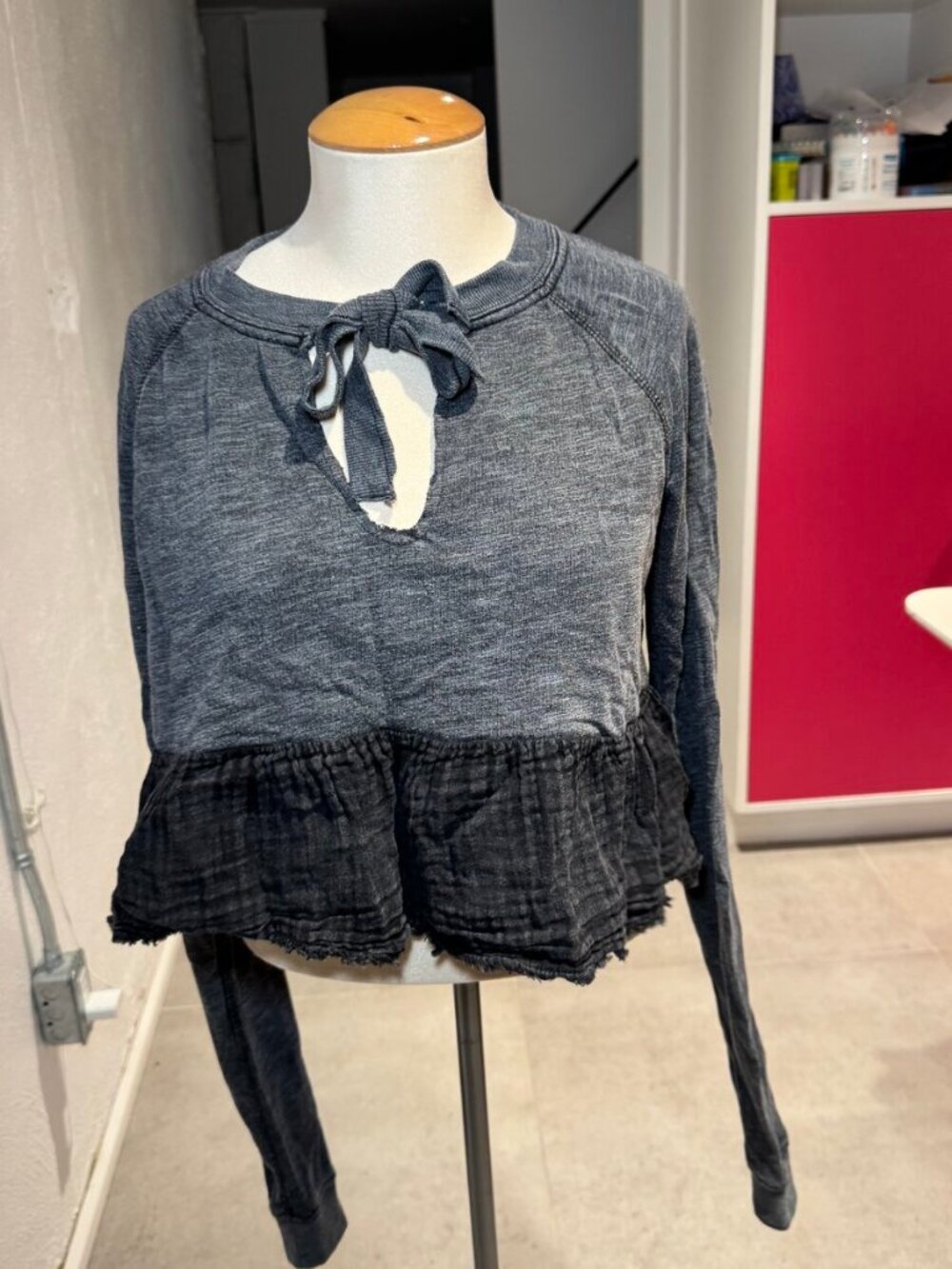 Free People Grey Marled Cropped Knit Top With Tie Neck S
